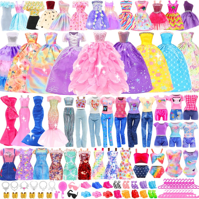 ENOCHT 80 PCS Doll Clothes and Accessories 5 Wedding Gowns 9 Fashion Dresses 3 Tops 3 Pants 1 Evening Dresses 2 Swimsuits Bikini 20 Hangers 18 Shoes and 22 Accessories Toys for 11.5 inch Doll - Image 1